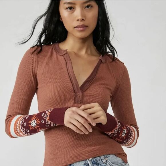 NWT Free People Mikah Layering Cuff Long Sleeve Thermal Autumn Combo - Picture 4 of 9